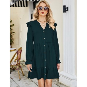 Women’s Fall Dress Casual Ruffle Tiered Long Sleeve Babydoll Mini Dresses Short Swing Skater Dress - 1 of 4