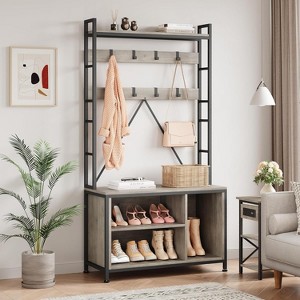 Hall Tree with Bench, Coat and Shoe Rack, Wooden Entryway Bench with Coat Rack, Industrial Freestanding Coat Rack with Shoe Storage for Hallway,Grey - 1 of 4