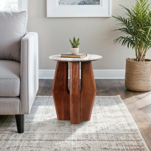 Modern Glam Wood & Marble Accent Table Side Table with Sculptural Base for Living Room, Bedroom, Office 20" Brown - 1 of 4