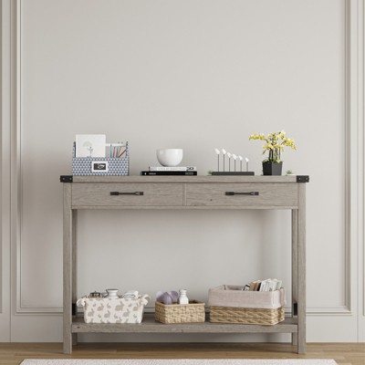 Industrial Console Table with Drawers & Open Shelf, 2-Tier Narrow Entryway Sofa Table
