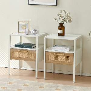 NicBex 1 Drawer Nightstand with Rattan Door Panels Set of 2,Bedside Table with Aluminum Alloy Handle and Metal Legs,Side Table for Bedroom,White - 1 of 4