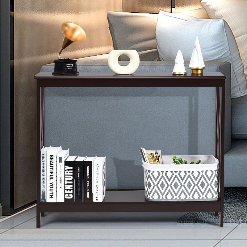 Costway 2-Tier Console Table x-Design Bookshelf Sofa Side Accent Table w/Shelf White\ Black\Espresso\Wood Grain, 4 of 10