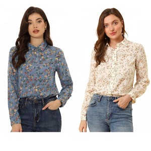 INSPIRE CHIC Women's Point Collar Long Button Sleeve Button Down Floral Shirt 2 Packs - 1 of 4
