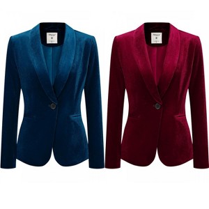 INSPIRE CHIC Women's Christmas Office Solid Shawl Collar Jetted Pockets One Button Velvet Blazer 2 Packs - 1 of 4