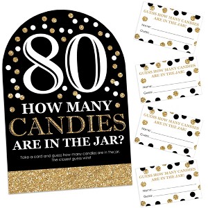 Big Dot of Happiness Adult 80th Birthday - Gold - How Many Candies Birthday Party Game - 1 Stand and 40 Cards - Candy Guessing Game - 1 of 4