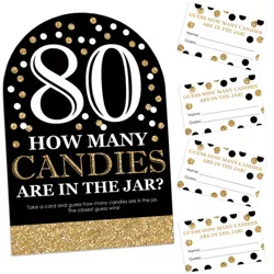 Big Dot of Happiness Adult 80th Birthday - Gold - How Many Candies Birthday Party Game - 1 Stand and 40 Cards - Candy Guessing Game