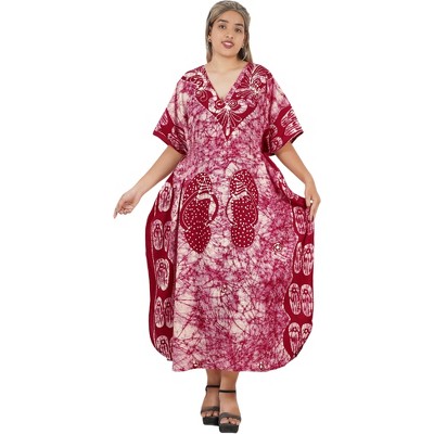 LA LEELA Women's Summer Batik Caftan House Dashiki Dress Kaftan Loungewear Nightshirts for Women Sleepwear Plus size 2X-3X Red, Tie Dye Design