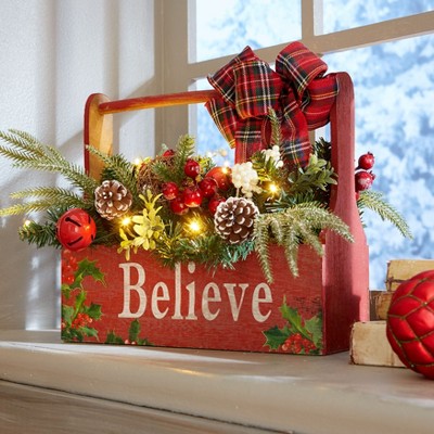 BrylaneHome Pre-Lit "Believe" Wooden Basket