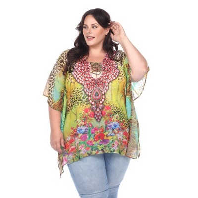 Plus Size Animal Print Caftan with Tie-up Neckline - One Size Fits Most Plus - White Mark