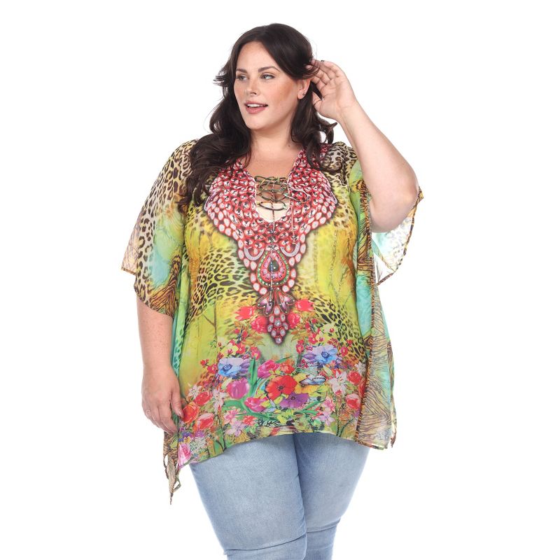 Plus Size Animal Print Caftan with Tie-up Neckline - One Size Fits Most Plus - White Mark, 1 of 6