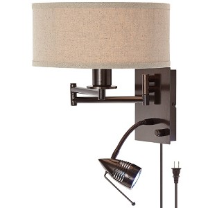 Possini Euro Design Radix Modern Swing Arm Wall Lamp Bronze with Cord Cover LED Reading Light Plug-in Light Fixture Oatmeal Shade for Bedroom Bedside - 1 of 4