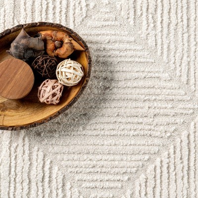 Cream Geometric Textured Synthetic Area Rug with Tassels, 7x9