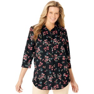 Woman Within Plus Size Three-Quarter Sleeve Peachskin Button Front Shirt - 1 of 4