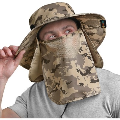Sun Cube Fishing Sun Hat with Neck Flap for Men UV Protection Cover Outdoor Bucket Cap with Face Covering for Hiking Running (Camo Grey)