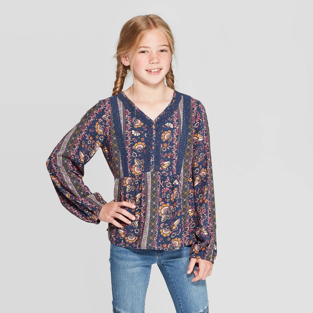 Girls' Long Sleeve Woven Boho Top - art class Blue XS was $16.99 now $11.04 (35.0% off)