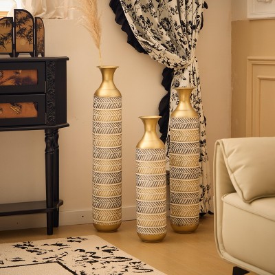 Gilded White Metal Vase Trio Set, 3D Floral Relief Cylinder Vases, Mother's Day Gift Home Décor Centerpiece