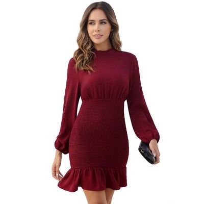 Women's Ruffle Mock Neck Long Sleeve Mini Dress Casual Smocked High Waist Ruffle Hem Bodycon Short Dresses