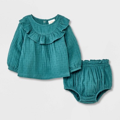 Image of Baby Girls' Gauze Clipspot Ruffle Yoke Top & Bottom Set - Cat & Jack™ Dark Green Newborn