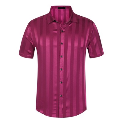 Lars Amadeus Men's Point Collar Button Short Sleeve Striped Satin Dress Shirts