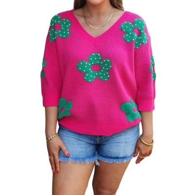Women's Pearl Beads Flowers Sweater Top - Plus - BiBi