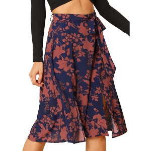 Allegra K Women's High Elastic Waist Belted Slit A-Line Midi Floral Print Skirt - 1 of 4