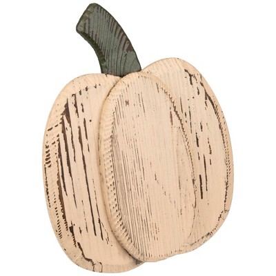 Small White Wooden Fall Harvest Pumpkin Figurine with Green Stem