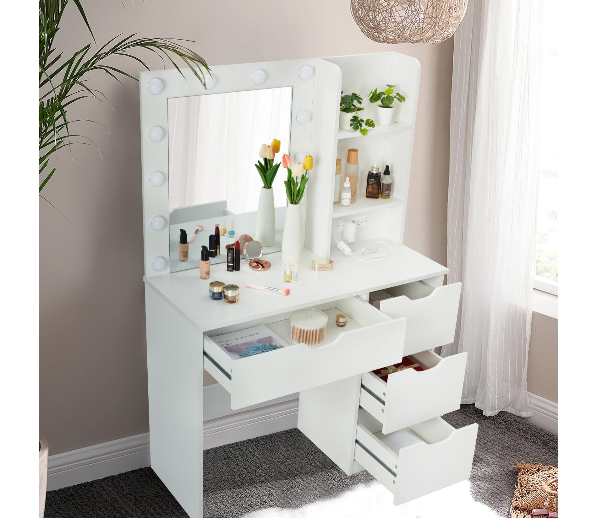 Modern Vanity Desk with Mirror, Power Outlet, 4 Drawer & Three Level Storage