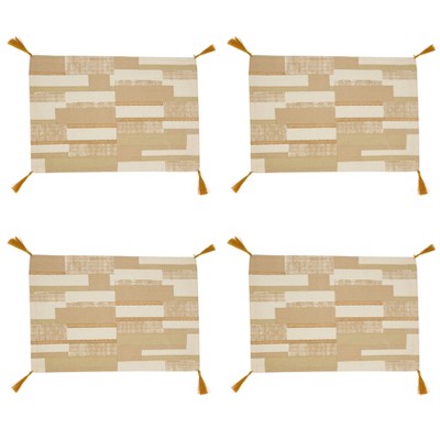 Beige Cotton Geometric Foil Print Placemats with Tassels, Set of 4