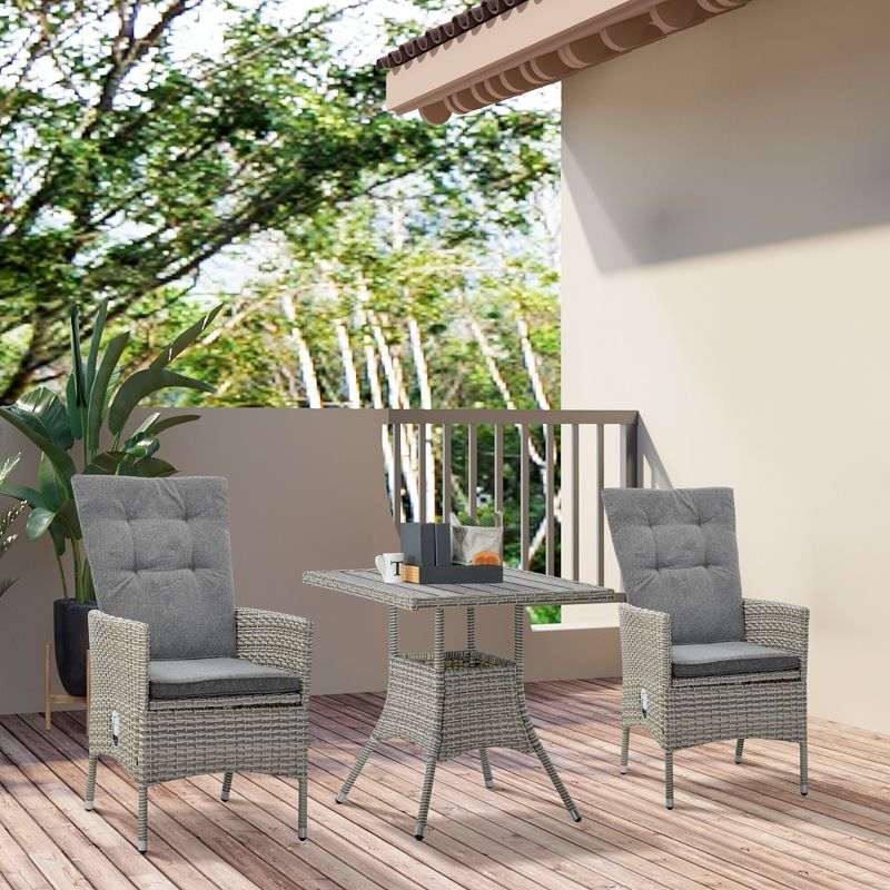 Outsunny 3 Pieces Patio PE Rattan Sofa Set, Outdoor Recliner Chairs with Wood Grain plastic Top Coffee Table Conversation Furniture Set, for Garden, Backyard, Deck, 2 of 7