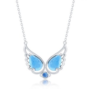 Caribbean Treasures Sterling Silver, Double Larimar Angel Wings w/Round Aqua CZ Necklace - Blue 16+2 Inch - 1 of 2