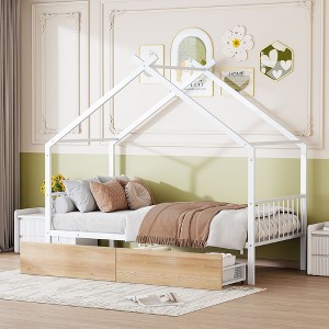 CAVINAS Twin/Full Size House Platform Bed Frame with Fence,Metal Floor Bed for Kids Room,Bedroom - 1 of 4
