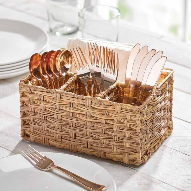 mDesign Plastic Woven Divided Cutlery Storage Organizer Caddy Tote, 2 of 9