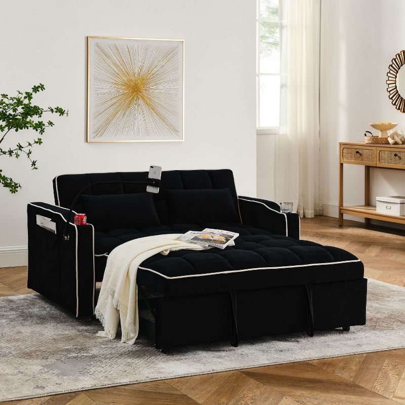 55.51 inch Velvet Versatile Foldable Sofa Bed in 3 Lengths with Adjustable Back, USB port and Swivel Phone Stand -  Maison Boucle, 1 of 9