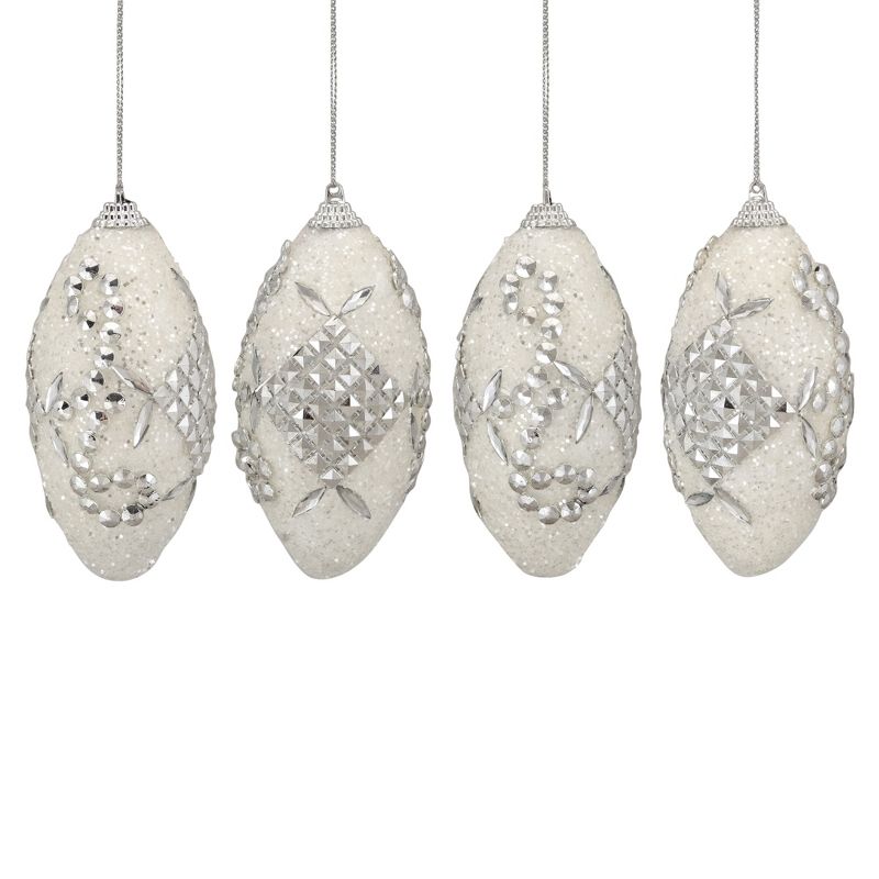 Northlight 4ct Beaded Shatterproof Christmas Finial Ornament Set 4.5" - White/Silver, 1 of 5