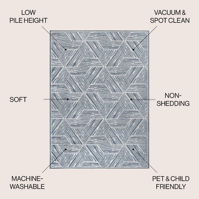 Blue and Cream Geometric Machine-Washable 4' x 6' Area Rug