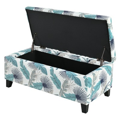 Blue and White Floral Upholstered Storage Ottoman with Birch Wood Legs