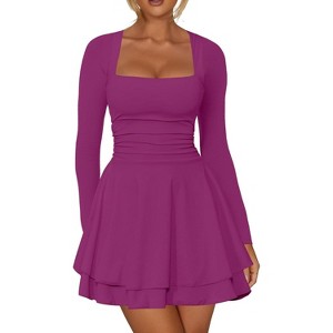 Long Sleeve Corset Mini Dress with Square Neck & Ruffle Hem, Ruched Waist Party Dress for Night Out, Cocktail, Dinner Date Purple Red - 1 of 4