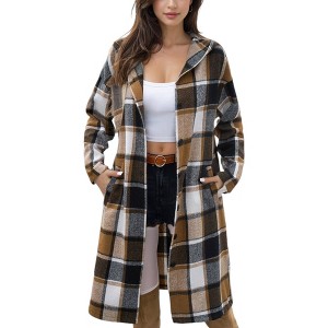 Amaryllis Women's Button-Up Plaid Coat Long Sleeve Hooded Trench Casual Layering Piece Versatile Fall Outerwear - 1 of 4
