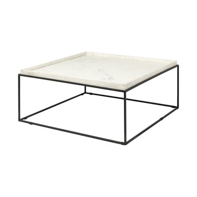 HomeRoots 36" White and Black Genuine Marble and Metal Square Coffee Table