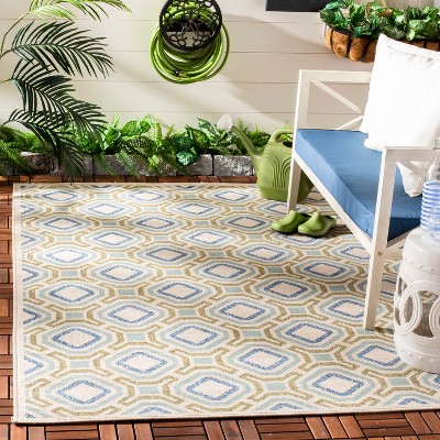 Cream & Green Rectangular Easy-Care Synthetic Area Rug
