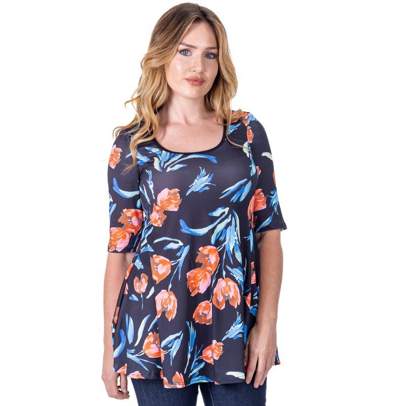 24seven Comfort Apparel Womens Black Tulip Print Elbow Sleeve Casual Tunic Top, 2 of 8