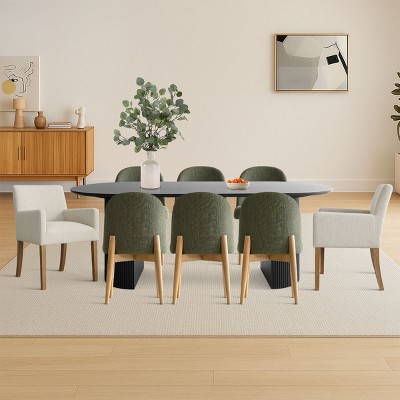 9-Piece Oval Dining Table Set, 79'' Black Pedestal Table with 6 Armless & 2 Armrest Upholstered Chairs, Modern Dining Room Set-Maison Boucle