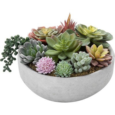 BRINJOY Mixed Artificial Succulent Arrangement | Low-Profile Gray Concrete Planter for Desk, Counter, Shelf & Window Sill Decor