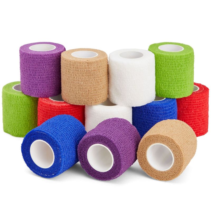 Juvale 12 Pack Self Adhesive Bandage Wrap Rolls, Adherent Cohesive Bandage for, Sports, Stretch Vet Wrap for Animals, 2 Inch x 6 Yards, 6 Colors, 1 of 11