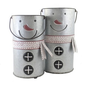 13.5 Inch Galvanized Snowman Planters Red Accents Nose Figurines - 1 of 3