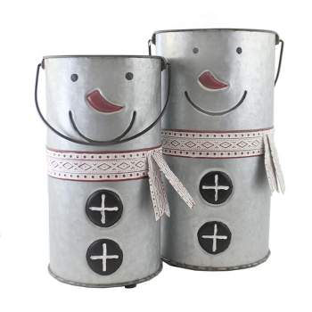 13.5 Inch Galvanized Snowman Planters Red Accents Nose Figurines
