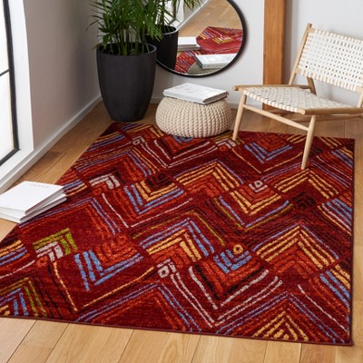 Red and Terracotta Geometric Synthetic Rectangular Area Rug