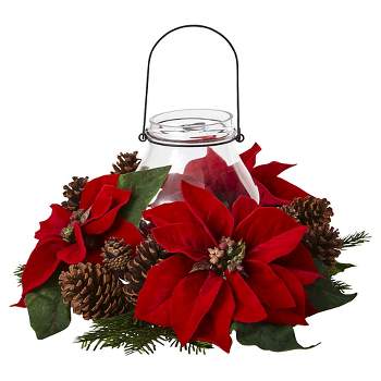 Poinsettia, Pine and Pine Cone Glass Jar Candelabrum - red