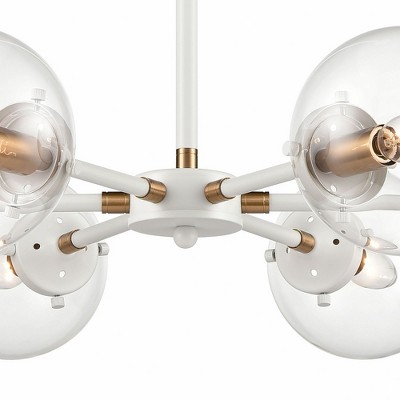 Matte White and Satin Brass 6-Light Midcentury Modern Chandelier with Clear Glass