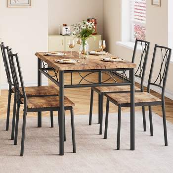 Dining Table Set of 4, Rectangular Dining Room Table Set with 4 Chairs for Small Space, 5 Piece Kitchen Table, Apartment, Retro Brown
